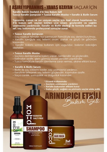Yavaş Uzayan-Aşırı Yıpranmış Saçlar İçin Tuzsuz Keratinli 3'lü Saç Bakım Seti (Şampuan-Maske-Serum) fiyatları