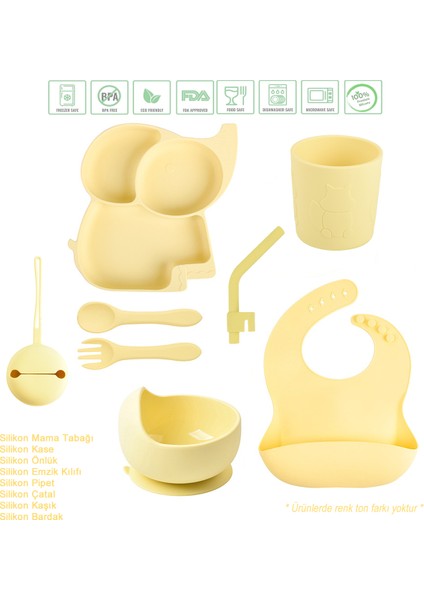 Fil Figürlü Vakumlu Silikon Beslenme Seti / Sarı