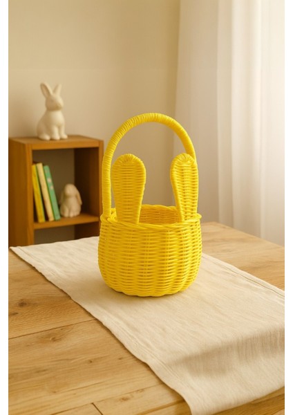 Sarı Rattan Tavşan Kulaklı Sepet, Dekoratif Organizer, El Yapımı Sepet, 15X15X28 cm