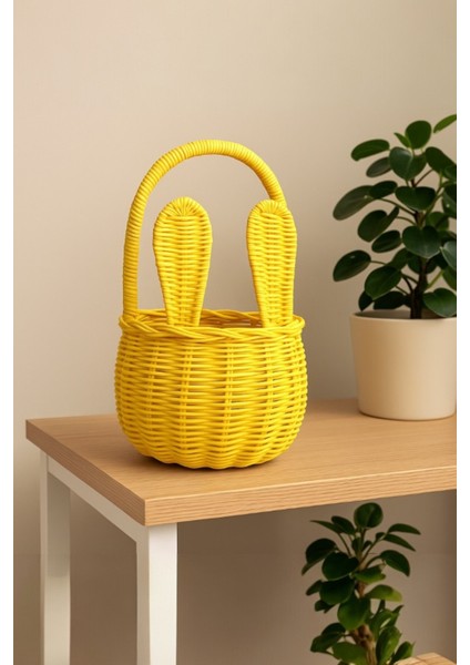 Sarı Rattan Tavşan Kulaklı Sepet, Dekoratif Organizer, El Yapımı Sepet, 15X15X28 cm fırsatları