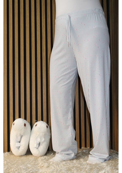 Pembe Kalpli Gri Çizgili Bel Detaylı Lastikli Pijama Altı
