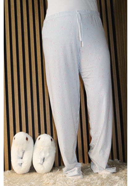 Pembe Kalpli Gri Çizgili Bel Detaylı Lastikli Pijama Altı fiyatları