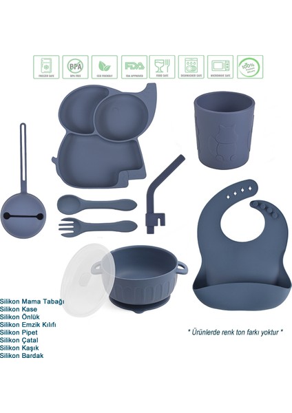 Fil Figürlü Vakumlu Silikon Beslenme Seti / Lacivert