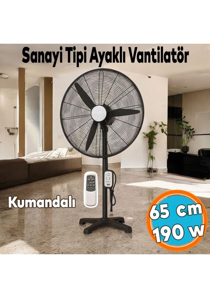Sanayi Tipi Ayaklı Kumandalı 65 cm 190W Vantilatör Sessiz Geniş Alanlara Uygun Endüstriyel Güçlü Fan