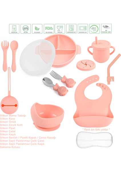 Silikon Beslenme Seti Vakumlu, Kapaklı Silikon Mama Tabağı, Kase, Önlük, Çatal-Kaşık, Bardak, Pipet, E.Kılıfı, Paslanmaz Çelik Çatal, Kaşık ve Saklama Kutusu / Pembe