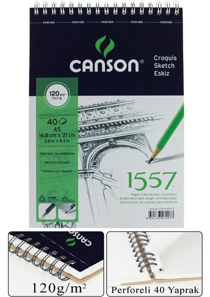 Telli Eskiz Defteri Canson 1557 A5 Spiralli 40 Yaprak 1 Adet 120 gr 148X210 mm Üstten Açılmalı Karakalem Sketch Book