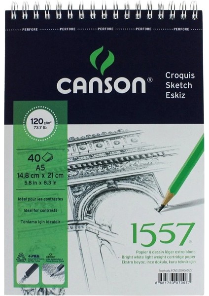 Telli Eskiz Defteri Canson 1557 A5 Spiralli 40 Yaprak 1 Adet 120 gr 148X210 mm Üstten Açılmalı Karakalem Sketch Book