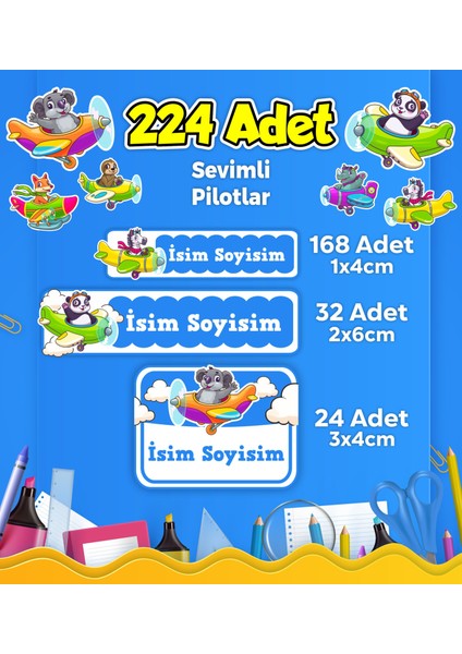 Sevimli Pilot Temalı Okul Kreş Kişiye Özel Isim Etiket Seti - Model 336