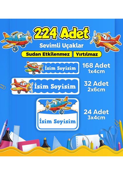Sevimli Uçaklar Temalı Okul Kreş Kişiye Özel Isim Etiket Seti - Model 337