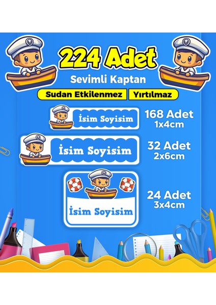 Sevimli Kaptan Temalı Okul Kreş Kişiye Özel Isim Etiket Seti - Model 334