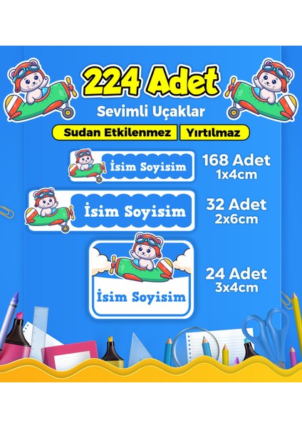 Sevimli Uçaklar Temalı Okul Kreş Kişiye Özel Isim Etiket Seti - Model 339