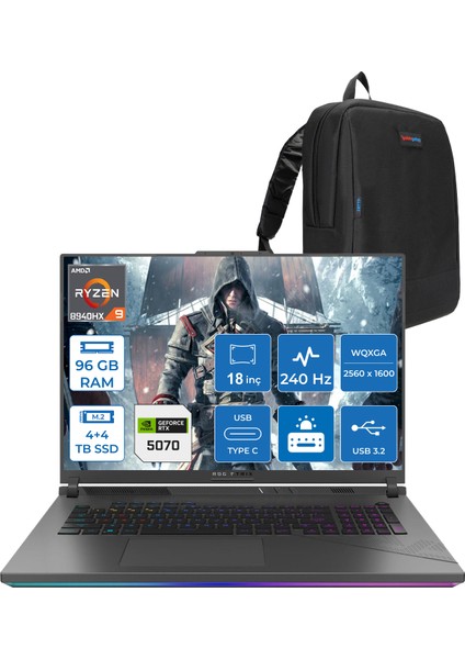 Rog Strix G18 G814PP Amd Ryzen 9 8940HX Aı 96GB 4tb SSD +4tb SSD 8GB/RTX5070 Gddr7 115W 18"2.5k (2560 x 1600, Wqxga) 240Hz 3ms Freedos Taşınabilir Bilgisayar WS9046F48+ZETTAÇANTA