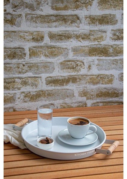 30 cm Ahşap Kulplu Metal Tepsi Çay Tepsisi Kahve Tepsisi Sunum Tepsisi