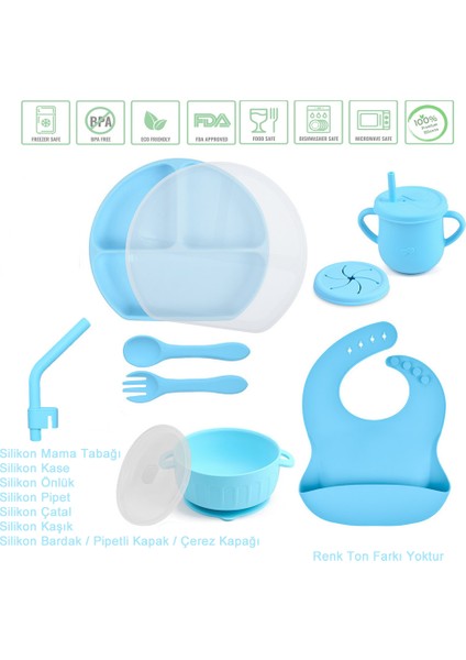 Kapaklı Vakumlu Silikon Beslenme Seti / Mavi