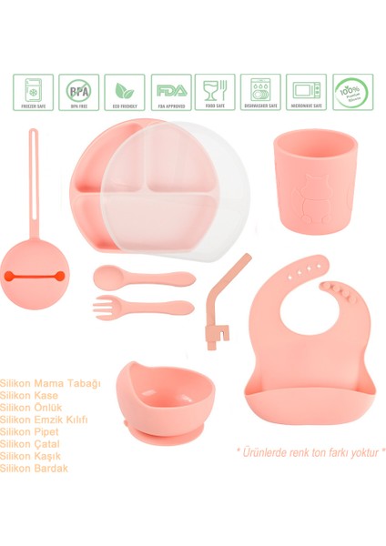 Kapaklı Vakumlu Silikon Beslenme Seti / Pembe Renk