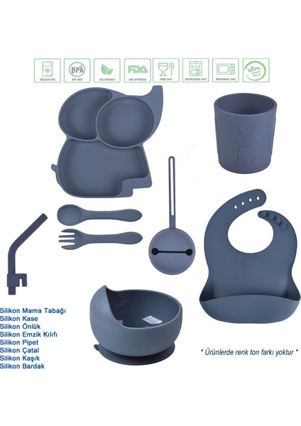 Fil Tasarımlı Vakumlu Silikon Beslenme Seti / Lacivert Renk