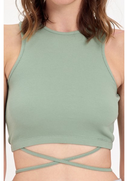 Belden Bağlamalı Fitilli Crop T-Shirt