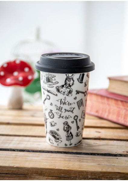 x V&a Alice In Wonderland 350ML Silikon Kapaklı Porselen Çift Çidarlı Kupa