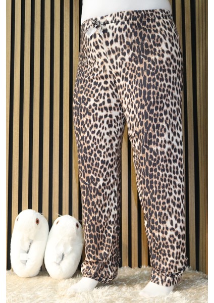 Leoparlı Bel Detaylı Lastikli Pijama Altı