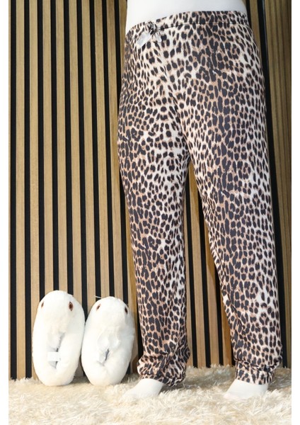 Leoparlı Bel Detaylı Lastikli Pijama Altı