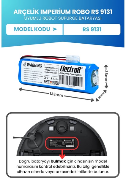 Arçelik Imperium Robo Rs 9131 Uyumlu Batarya (Standart Kapasite) 2600MAH Pil Robot Süpürge Bataryası