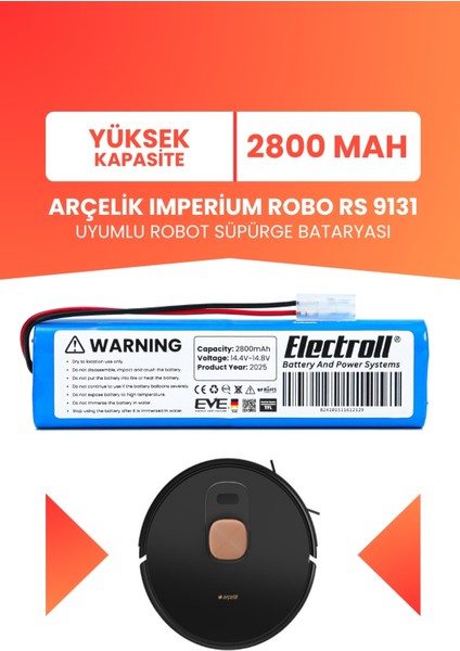 Arçelik Imperium Robo Rs 9131 Uyumlu Batarya (Yüksek Kapasite) 2800MAH Pil Robot Süpürge Bataryası