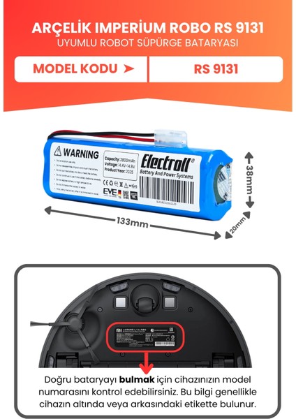 Arçelik Imperium Robo Rs 9131 Uyumlu Batarya (Yüksek Kapasite) 2800MAH Pil Robot Süpürge Bataryası fiyatları