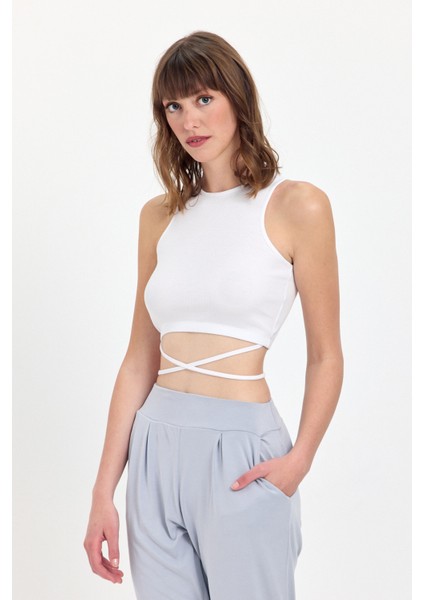 Belden Bağlamalı Fitilli Crop T-Shirt