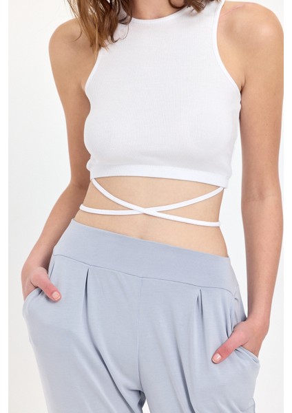 Belden Bağlamalı Fitilli Crop T-Shirt