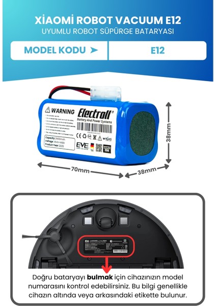 Xiaomi Robot Vacuum E12 Uyumlu Batarya (Standart Kapasite) 2600MAH Pil Robot Süpürge Bataryası