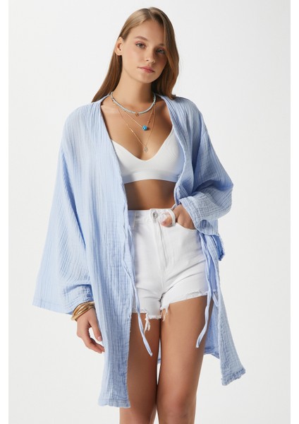 Kadın Sandra %100 Pamuk Müslin Bağcıklı Mavi Kimono