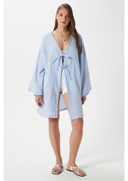 Kadın Sandra %100 Pamuk Müslin Bağcıklı Mavi Kimono