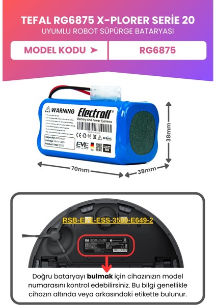Tefal RG6875 X-Plorer Serie 20 Uyumlu Batarya (Maksimum Kapasite) 3500MAH Pil Robot Süpürge Bataryası fiyatları