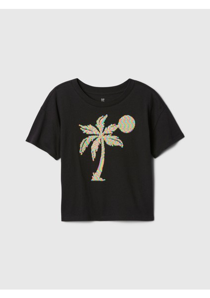 Kız Çocuk Siyah Grafikli T-Shirt