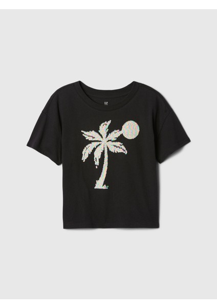 Kız Çocuk Siyah Grafikli T-Shirt