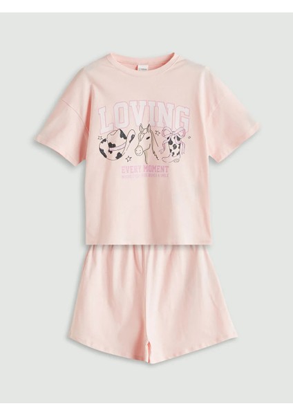Lcw Kids pembe Bisiklet Yaka Kız Çocuk Şortlu Pijama Takımı