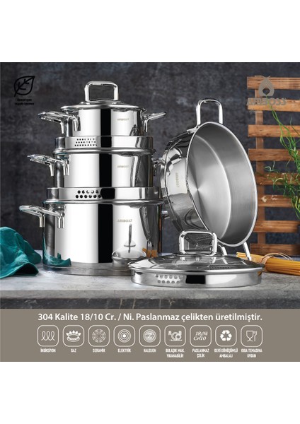 Diamond Strainer 8 Parça Tencere Seti Çelik Saplı DİA-6572