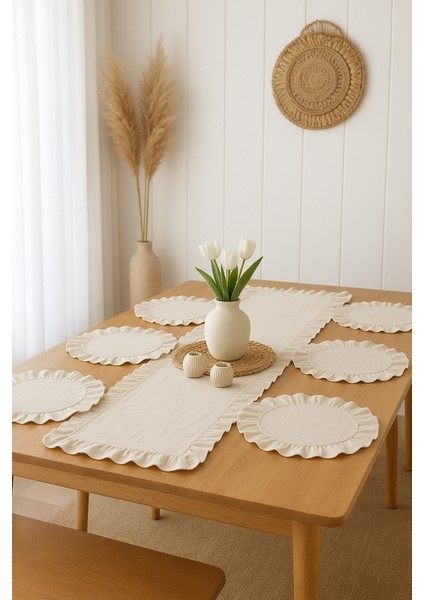 Rufle | 7 Parça 6 Kişilik Sofra Seti, 1 Adet Runner 40 x 110 Cm- 6 Adet Amerikan Servisi 40 cm