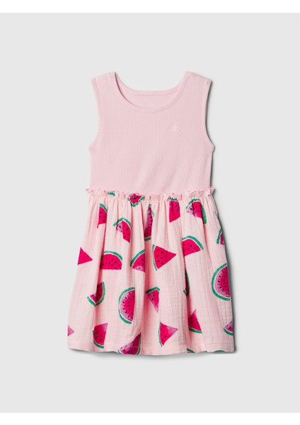 Kız Bebek Pembe Desenli Gauze Elbise