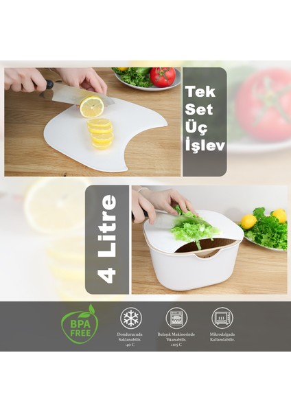 5 Parça Çok Amaçlı Mutfak Seti - Karıştırma Kabı Kasesi Süzgeç Kesme Tahtası Limon Sıkacağı - Bej indirimleri
