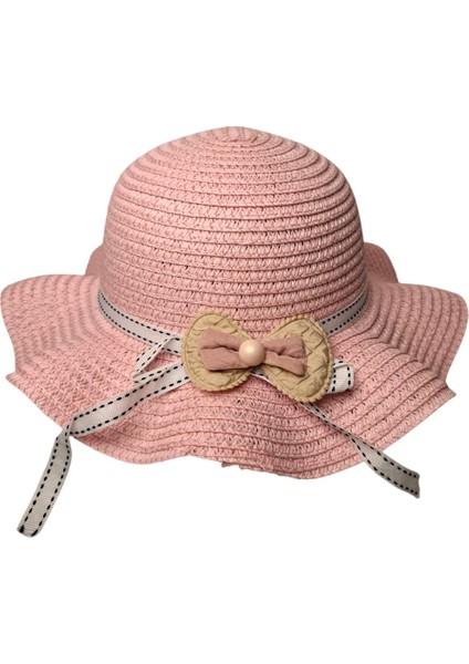 Spteks Kitti 2-6 Yaş Kız Çocuk Orta Pembe Renk Fiyonk ve Düz Desen Hasır Yazlık Şapka