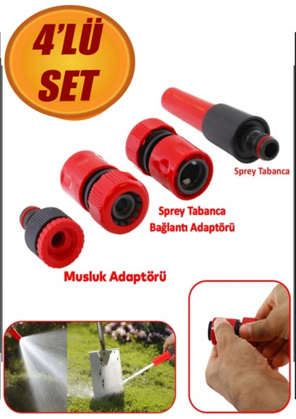 Hortum Sprey Sulama Tabancası Başlığı Seti 4 Parça Bahçe Çeşme Musluk Bağlantı Adaptörü Aparatı Oto