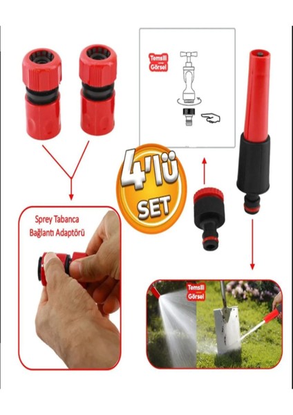 Hortum Sprey Sulama Tabancası Başlığı Seti 4 Parça Bahçe Çeşme Musluk Bağlantı Adaptörü Aparatı Oto