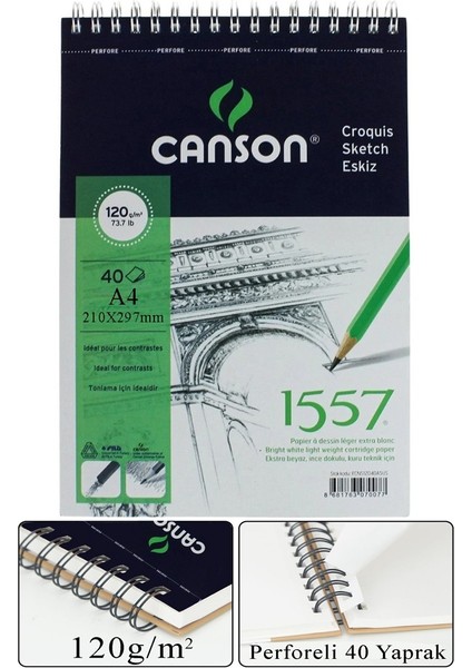 Telli Eskiz Defteri Canson 1557 A4 Spiralli 40 Yaprak 1 Adet 120 gr 210X297 mm Üstten Açılmalı Karakalem Sketch Book