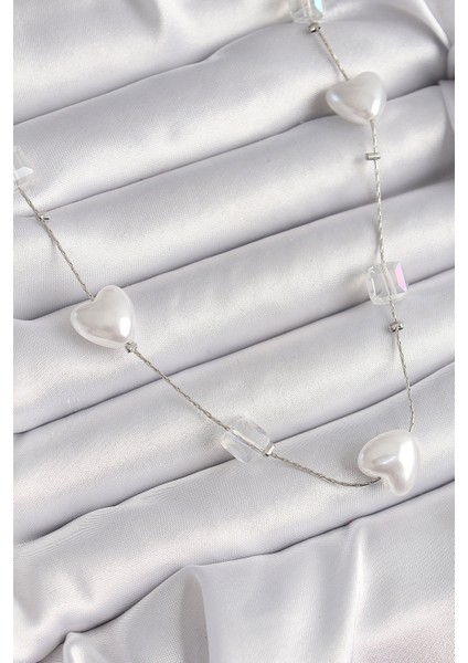 Pirinç Gümüş Renk Beyaz İnci Kalp Model Kadın Kolye