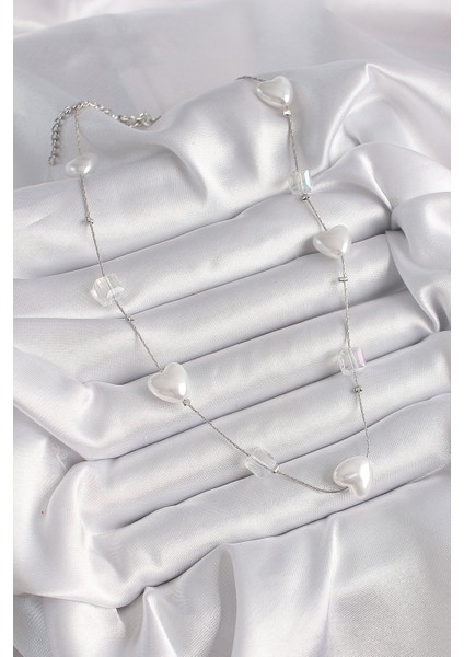 Pirinç Gümüş Renk Beyaz İnci Kalp Model Kadın Kolye fiyatları