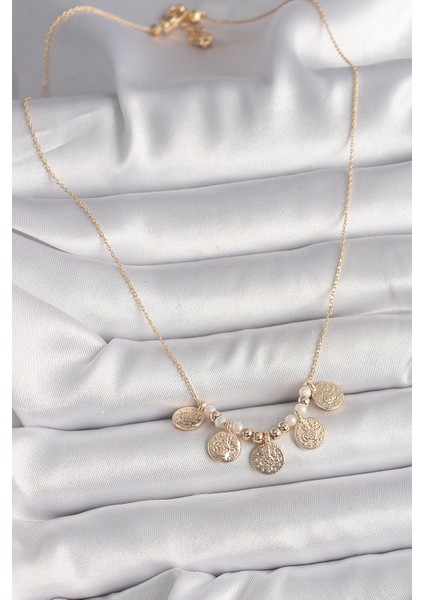 Pirinç Gold Renk 5'li Osmanlı Tuğra Figür İnci Detay Kadın Kolye fiyatları