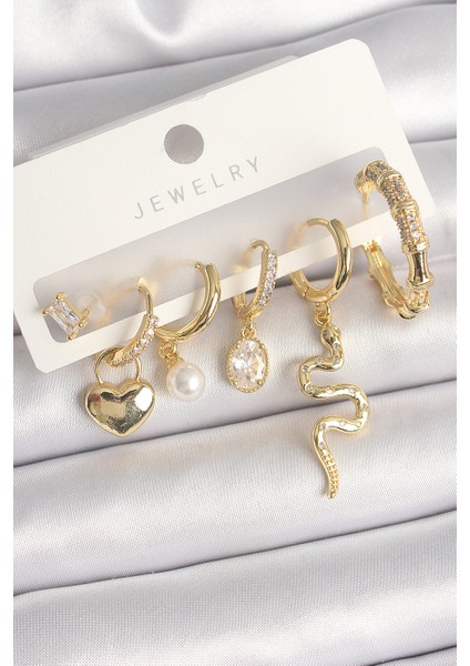 Pirinç Gold Renk Sallantı Yılan Model Zirkon Taşlı Halka Kilit Kalp Detay Kadın Küpe Seti