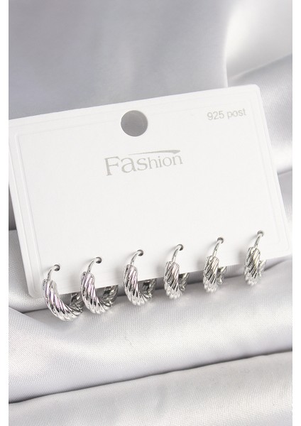 925 Ayar Gümüş Çivi Pirinç Gümüş Renk Işlemeli Halka Model Kadın Küpe Seti