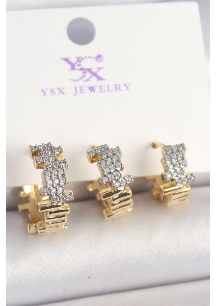 Pirinç Gold Renk Zirkon Taşlı Dorika Model 3'lü Kadın Kombin Küpe